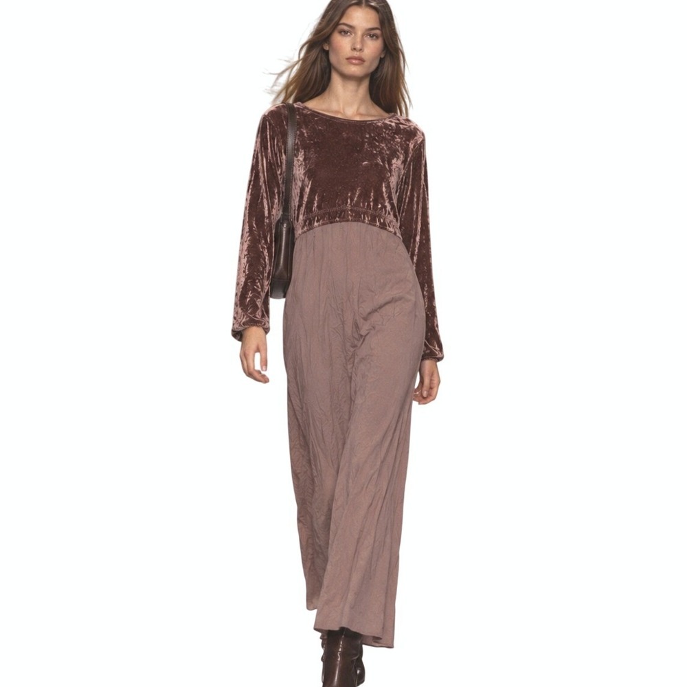 Vtg J. Jill Maxi Dress Crushed Velvet Empire Waist L Brown Boho Ethereal Formal